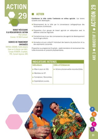 Budget nécessaire
à la réalisation de l’action
Pluri annuel :
Environ 42 000 € annuel
Sources de financement
envisagées
FAFSEA, CASDAR, Fonds propres
(taxe sur le foncier non bâti),
Europe (FEADER), Ecophyto,
PVE, Conseil régional, ARS
Axe3◆Objectif7◆Action29
■	Action
Coordonner la lutte contre l’ambroisie en milieu agricole. Les leviers
suivants sont développés :
◆	Raisonnement de la lutte par la connaissance cartographique des
	 localisations d’ambroisie.
◆	Proposition d’un groupe de travail agricole en adéquation avec la
	 défense collective régionale.
◆	Formation/mise à jour des connaissances des agents de développement
	 local et agriculteurs.
◆	Animation et suivi collectif /individuel des bassins de production et ou
	 des exploitants concernés.
Proposition au programme Ecophyto : expérimentation et recensement des
luttes économes en produits phytosanitaires.
91
action
29
Indicateurs retenus
Indicateurs
●	 Mise à jours du SIG.
●	 Membres du GT.
●	 Formations / Rencontres.
●	 Exploitations suivies.
Cible et échéancier
●	 Actions pluriannuelles reconductibles.
 