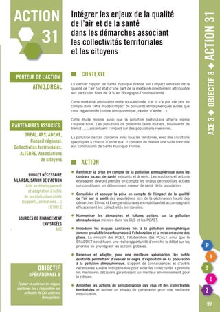 porteur de l’action
partenaires associés
Axe3◆Objectif8◆Action31
■	contexte
Le dernier rapport de Santé Publique France sur l’impact sanitaire de la
qualité de l’air fait état d’une part de la mortalité directement attribuable
aux particules fines de 9 % en Bourgogne-Franche-Comté.
Cette mortalité attribuable reste sous-estimée, car il n’a pas été pris en
compte dans cette étude l’impact de polluants atmosphériques autres que
ceux réglementés (ozone atmosphérique, oxydes d’azote ...).
Cette étude montre aussi que la pollution particulaire affecte même
l’espace rural. Des pollutions de proximité (axes routiers, boulevards de
transit …), accentuent l’impact sur des populations riveraines.
La pollution de l’air concerne ainsi tous les territoires, avec des situations
spécifiques à chacun d’entre eux. Il convient de donner une suite concrète
aux conclusions de Santé Publique France.
■		action
◆	 Renforcer la prise en compte de la pollution atmosphérique dans les
	 contrats locaux de santé existants et à venir. Les solutions et actions
	 envisagées devront prendre en compte les enjeux de mobilités actives
	 qui constituent un déterminant majeur de santé de la population.
◆	 Consolider et appuyer la prise en compte de l’impact de la qualité
	 de l’air sur la santé des populations lors de la déclinaison locale des
	 démarches Climat et Énergie nationales en mobilisant et accompagnant
	 efficacement les collectivités territoriales.
◆	 Harmoniser les démarches et futures actions sur la pollution
	atmosphérique menées dans les CLS et les PCAET.
◆	 Introduire les risques sanitaires liés à la pollution atmosphérique
	 comme préalable incontournable à l’élaboration et la mise en œuvre des
	plans. La révision des PCET, l’élaboration des PCAET ainsi que le
	 SRADDET constituent une réelle opportunité d’enrichir le débat sur les
	 priorités en privilégiant les actions globales.
◆	 Recenser et adapter, pour une meilleure valorisation, les outils
	 existants permettant d’évaluer le degré d’exposition de la population
	 à la pollution atmosphérique. L’apport de connaissances et d’outils
	 nécessaires s’avère indispensable pour aider les collectivités à prendre
	 les meilleures décisions garantissant un meilleur environnement pour
	 le citoyen.
◆	 Amplifier les actions de sensibilisation des élus et des collectivités
	territoriales et animer un réseau de partenaires pour une meilleure
	mobilisation.
Intégrer les enjeux de la qualité
de l’air et de la santé
dans les démarches associant
les collectivités territoriales
et les citoyens
ATMO,DREAL
DREAL, ARS, ADEME,
Conseil régional,
Collectivités territoriales,
ALTERRE, Associations
de citoyens
Budget nécessaire
à la réalisation de l’action
Aide au développement
et adaptation d’outils
de sensibilisation ciblés
(supports, animations…)
10 000 €
Sources de financement
envisagées
-	ARS
97
action
31
objectif
opérationnel 8
Évaluer et maîtriser les risques
sanitaires liés à l’exposition aux
polluants de l’air extérieur
(hors pollens)
 