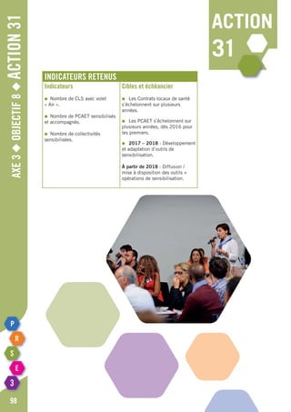 Axe3◆Objectif8◆Action31
98
action
31
Indicateurs retenus
Indicateurs
●	 nombre de CLS avec volet
« Air ».
●	 nombre de PCAET sensibilisés
et accompagnés.
●	 nombre de collectivités
sensibilisées.
Cibles et échéancier
●	 Les Contrats locaux de santé
s’échelonnent sur plusieurs
années.
●	 Les PCAET s’échelonnent sur
plusieurs années, dès 2016 pour
les premiers.
●	 2017 – 2018 : Développement
et adaptation d’outils de
sensibilisation.
à partir de 2018 : Diffusion /
mise à disposition des outils +
opérations de sensibilisation.
 