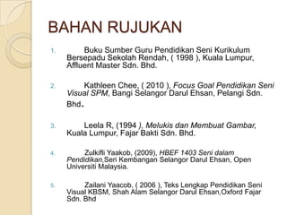 BAHAN RUJUKAN
1.        Buku Sumber Guru Pendidikan Seni Kurikulum
     Bersepadu Sekolah Rendah, ( 1998 ), Kuala Lumpur,
     Affluent Master Sdn. Bhd.

2.       Kathleen Chee, ( 2010 ), Focus Goal Pendidikan Seni
     Visual SPM, Bangi Selangor Darul Ehsan, Pelangi Sdn.
     Bhd.

3.       Leela R, (1994 ), Melukis dan Membuat Gambar,
     Kuala Lumpur, Fajar Bakti Sdn. Bhd.

4.        Zulkifli Yaakob, (2009), HBEF 1403 Seni dalam
     Pendidikan,Seri Kembangan Selangor Darul Ehsan, Open
     Universiti Malaysia.

5.        Zailani Yaacob, ( 2006 ), Teks Lengkap Pendidikan Seni
     Visual KBSM, Shah Alam Selangor Darul Ehsan,Oxford Fajar
     Sdn. Bhd
 