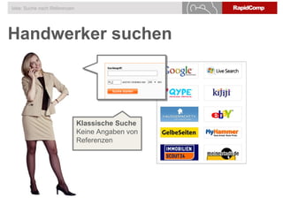 Handwerker suchen
Idee: Suche nach Referenzen
Klassische Suche
Keine Angaben von
Referenzen
 