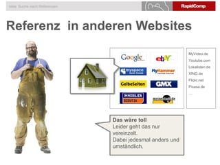 Referenz in anderen Websites
Idee: Suche nach Referenzen
Das wäre toll
Leider geht das nur
vereinzelt.
Dabei jedesmal anders und
umständlich.
MyVideo.de
Youtube.com
Lokalisten.de
XING.de
Flickr.net
Picasa.de
…
 