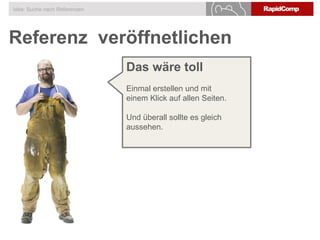 Referenz veröffnetlichen
Idee: Suche nach Referenzen
Das wäre toll
Einmal erstellen und mit
einem Klick auf allen Seiten.
Und überall sollte es gleich
aussehen.
 