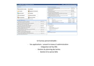 Un bureau personnalisable :
- Vos applications : suivant le niveau d »administration
- Intégration de flux RSS
- Gestion du planning des taches
- Gestion d’un pense bête
 
