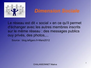 3
CHALANSONNET Maéva
Dimension Sociale
Le réseau est dit « social » en ce qu'il permet
d'échanger avec les autres membres inscrits
sur le même réseau : des messages publics
ouy privés, des photos,...
Source : blog.lefigaro.fr-Mars2012
 