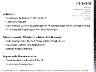 Adressaten
                                                                                                                    Vorgehensmodell & Methodik
                                                                                                                                      Gliederung

  Indikatoren                                                                                                                   Quellensituation
                                                                                                                   Vorwissen & Bezug zu früheren
     Studien zur Mitarbeiterzufriedenheit1                                                                                             Arbeiten
                                                                                                                                     Zeitplanung
     Fachkräftemangel
     zunehmende Zahl an Bürgerbegehren  Wunsch nach mehr Mitbestimmung
     Erhöhung der Tragfähigkeit von Entscheidungen

  Gründe sinkender Mitarbeiterzufriedenheit (Auszug)
    individuell geprägt (Gehalt, Vorgesetzter, Tätigkeit, etc.)
    klassische Unternehmensstrukturen
    geringe Mitbestimmung

  Angrenzende Themenbereiche
    Vereinbarkeit von Familie & Beruf
    Innovationsmanagement

1) Quelle: IAQ-Report 2011-03: Arbeitnehmer immer unzufriedener, Institut Arbeit und Qualifikation (IAQ) der Universität Duisburg-Essen, 2011
 