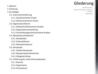 1. Abstract
                                                                   Quellensituation
2. Einleitung                                         Vorwissen & Bezug zu früheren
3. Grundlagen                                                              Arbeiten
                                                                        Zeitplanung
   3.1. Unternehmensführung
     3.1.1. Sozialorientierter Ansatz
     3.1.2. Ebenenorientierter Ansatz
   3.2. Organisationstheorie
     3.2.1. Motivationstheoretische Ansätze
     3.2.2. Organisationsentwicklung
     3.2.3. Entscheidungsprozessorientierte Ansätze
   3.3. Mitarbeiterzufriedenheit
     3.3.1. Messbarkeit
     3.3.2. Einflussfaktoren
     3.3.3. Motivationstheorie
   3.4. Demokratie
     3.4.1. Direkte Demokratie
     3.4.2. Repräsentative Demokratie
     3.4.3. Delegated Voting
   3.5. Einführung des Unternehmensbeispiels
     3.5.1. Branche
     3.5.2. Organisation
     3.5.3. Kernprozesse
 
