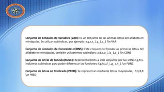 Conjunto de Símbolos de Variables (VAR): Es un conjunto de las últimas letras del alfabeto en
minúsculas. Se utilizan subíndices, por ejemplo: x,y,z,x_1,y_1,z_1 in VAR
Conjunto de símbolos de Constantes (CONS): Este conjunto lo forman las primeras letras del
alfabeto en minúsculas, también utilizaremos subíndices: a,b,c,a_1,b_1,c_1 in CONS
Conjunto de letras de función(FUNC): Representaremos a este conjunto por las letras f,g,h,L.
Incluimos subíndices para poder diferenciar las funciones: f,g,h,L,f_1,g_1,h_1 in FUNC
Conjunto de letras de Predicado (PRED): Se representan mediante letras mayúsculas, P,Q,R,K
in PRED
 