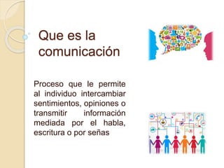 Que es la
comunicación
Proceso que le permite
al individuo intercambiar
sentimientos, opiniones o
transmitir información
mediada por el habla,
escritura o por señas
 