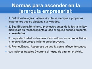 Normas para ascender en la
        jerarquía empresarial:

    1. Definir estrategias: Intente vincularse siempre a proyectos
    importantes que se ajustena sus virtudes.

    2. Sea Eficiente:Termine su preytectos antes de la fecha límitey
    manifieste su reconocimiento a todo el equipo cuando presente
    su resultados.

    3. La productividad es la clave: Concentrese en la productividad
    y no en el tiempo que invierte en un proyecto.

    4. Promoci6nese. Asegurese de que la gente influyente conoce

    sus mejores trabajos 0 correra el riesgo de caer en el olvido.
 