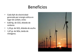 BeneficiosCada Kph de electricidad generada por energía eólica en lugar de carbón, evita:0,60 Kg. de CO2, dióxido de carbono.1,33 gr. de SO2, dióxido de azufre.1,67 gr. de NOx, óxido de nitrógeno.