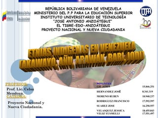 REPÚBLICA BOLIVARIANA DE VENEZUELA
              MINISTERIO DEL P.P PARA LA EDUCACIÓN SUPERIOR
                 INSTITUTO UNIVERSITARIO DE TECNOLOGÍA
                        “JOSE ANTONIO ANZOÁTEGUI”
                          EL TIGRE-EDO-ANZOÁTEGUI
                  PROYECTO NACIONAL Y NUEVA CIUDADANIA




                                          PONENTES:
                                          GIL JESUS             15.846.251
Prof. Celsa Mendoza.
                                          HERNÁNDEZ JOSÉ        8.341.319
                                          MORENO RUBÉN          10.940.237
                                          RODRIGUEZ FRANCISCO   17.592.597
Proyecto Nacional y
                                          SUÁREZ JOSÉ           16.250.557
Nueva Ciudadanía.
                                          VELÁSQUEZ JESSICA     18.455.843
                                          VELIZ YUSMELLI        17.551.497
 