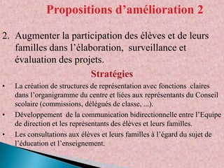 Propositions d’amélioration 2
2. Augmenter la participation des élèves et de leurs
familles dans l’élaboration, surveillance et
évaluation des projets.
Stratégies
•

•

•

La création de structures de représentation avec fonctions claires
dans l’organigramme du centre et liées aux représentants du Conseil
scolaire (commissions, délégués de classe, ...).
Développement de la communication bidirectionnelle entre l’Equipe
de direction et les représentants des élèves et leurs familles.
Les consultations aux élèves et leurs familles à l’égard du sujet de
l’éducation et l’enseignement.

 