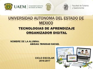 UNIVERSIDAD AUTONOMA DEL ESTADO DE
MEXICO
NOMBRE DE LA ALUMNA:
ABIGAIL TRINIDAD RAFAEL
CICLO ESCOLAR
2016-2017
 