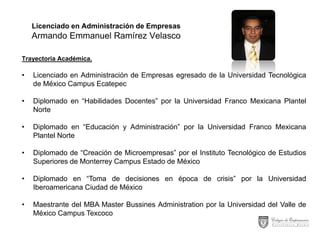 Licenciado en Administración de Empresas

Armando Emmanuel Ramírez Velasco
Trayectoria Académica.

•

Licenciado en Administración de Empresas egresado de la Universidad Tecnológica
de México Campus Ecatepec

•

Diplomado en “Habilidades Docentes” por la Universidad Franco Mexicana Plantel
Norte

•

Diplomado en “Educación y Administración” por la Universidad Franco Mexicana
Plantel Norte

•

Diplomado de “Creación de Microempresas” por el Instituto Tecnológico de Estudios
Superiores de Monterrey Campus Estado de México

•

Diplomado en “Toma de decisiones en época de crisis” por la Universidad
Iberoamericana Ciudad de México

•

Maestrante del MBA Master Bussines Administration por la Universidad del Valle de
México Campus Texcoco

 