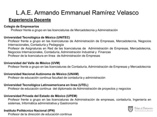 L.A.E. Armando Emmanuel Ramírez Velasco
Experiencia Docente
Colegio de Empresarios
Profesor frente a grupo en las licenciaturas de Mercadotecnia y Administración
Universidad Tecnológica de México (UNITEC)
Profesor frente a grupo en las licenciaturas de Administración de Empresas, Mercadotecnia, Negocios
Internacionales, Contaduría y Pedagogía
Profesor de Asignaturas en Red de las licenciaturas de Administración de Empresas, Mercadotecnia,
Negocios Internacionales, Contaduría, Administración Industrial y Finanzas
Profesor de la licenciatura en línea de Administración de Empresas
Universidad del Valle de México (UVM)
Profesor frente a grupo en las licenciaturas de Contaduría, Administración de Empresas y Mercadotecnia
Universidad Nacional Autónoma de México (UNAM)
Profesor de educación continua facultad de contaduría y administración
Universidad Tecnológica Latinoamericana en línea (UTEL)
Profesor de educación continua del diplomado de Administración de proyectos y negocios
Universidad Privada del Estado de México (UPEM)
Profesor frente a grupo en las licenciaturas de Administración de empresas, contaduría, Ingeniería en
sistemas, Informática administrativa y Gastronomía
Instituto Politécnico Nacional (IPN)
Profesor de la dirección de educación continua

 