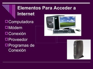 Elementos Para Acceder a Internet   Computadora Módem  Conexión Proveedor Programas de Conexión   
