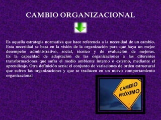 CAMBIO ORGANIZACIONAL
Es aquella estrategia normativa que hace referencia a la necesidad de un cambio.
Esta necesidad se basa en la visión de la organización para que haya un mejor
desempeño administrativo, social, técnico y de evaluación de mejoras.
Es la capacidad de adaptación de las organizaciones a las diferentes
transformaciones que sufra el medio ambiente interno o externo, mediante el
aprendizaje. Otra definición sería: el conjunto de variaciones de orden estructural
que sufren las organizaciones y que se traducen en un nuevo comportamiento
organizacional
 