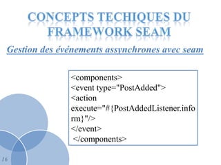 Gestion des événements assynchrones avec seam

               <components>
               <event type="PostAdded">
               <action
               execute="#{PostAddedListener.info
               rm}"/>
               </event>
                </components>

16
 