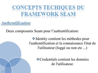 Authentification
     Deux composants Seam pour l’authentification:

                      Identity contient les méthodes pour
                   l'authentification et la connaissance l'état de
                         l'utilisateur (loggé ou non etc ...)


                        Credentials contient les données
                                de l'utilisateur.
24
 