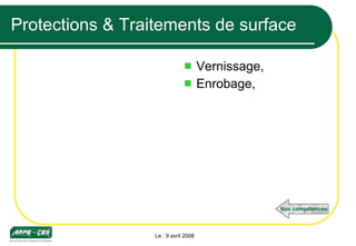Protections & Traitements de surface Vernissage,  Enrobage, Le : 9 avril 2008 Nos compétences 