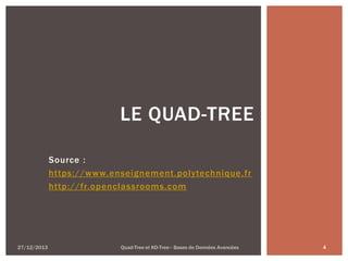 LE QUAD-TREE
Source :
https://www.enseignement.polytechnique.fr
http://fr.openclassrooms.com

27/12/2013

Quad-Tree et KD-Tree– Bases de Données Avancées

4

 