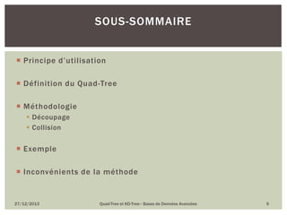 SOUS-SOMMAIRE
 Principe d’utilisation
 Définition du Quad-Tree
 Méthodologie
 Découpage
 Collision

 Exemple

 Inconvénients de la méthode

27/12/2013

Quad-Tree et KD-Tree– Bases de Données Avancées

5

 