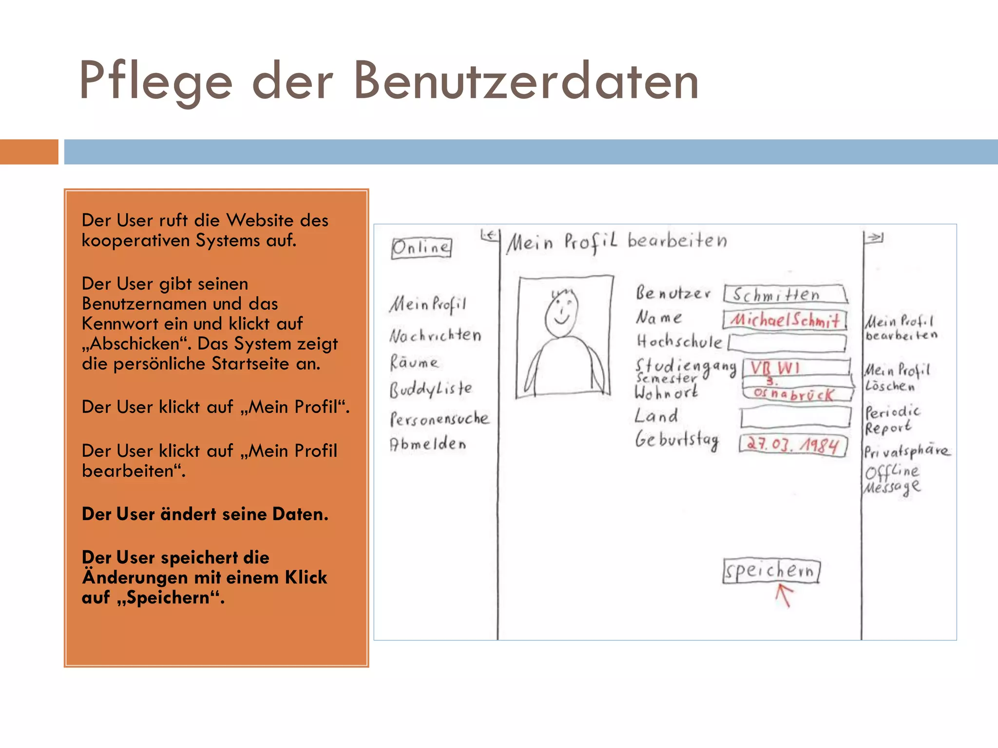 Pflege der Benutzerdaten

Der User ruft die Website des
kooperativen Systems auf.

Der User gibt seinen
Benutzernamen und das
Kennwort ein und klickt auf
„Abschicken“. Das System zeigt
die persönliche Startseite an.

Der User klickt auf „Mein Profil“.

Der User klickt auf „Mein Profil
bearbeiten“.

Der User ändert seine Daten.

Der User speichert die
Änderungen mit einem Klick
auf „Speichern“.
 