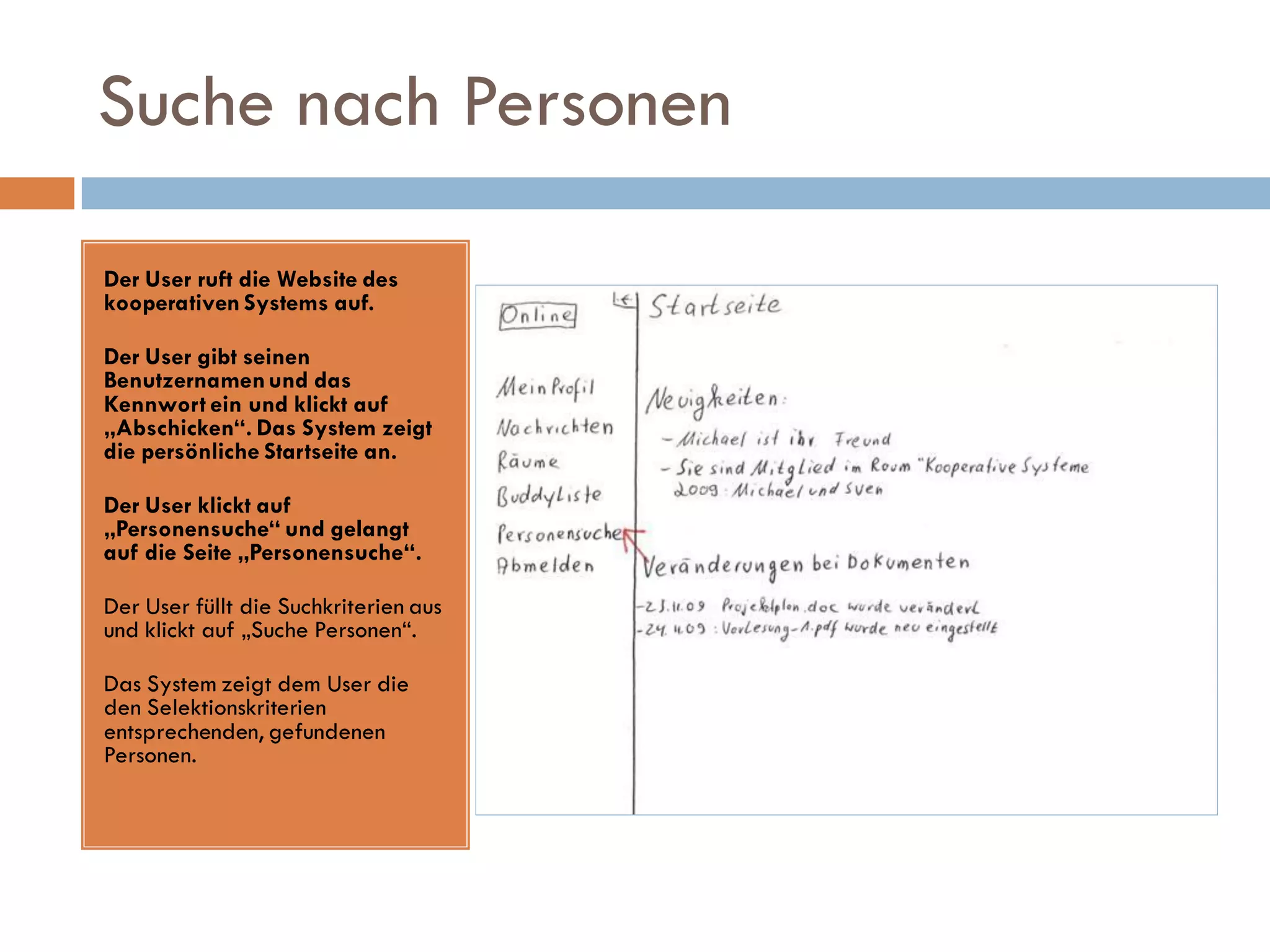 Suche nach Personen

Der User ruft die Website des
kooperativen Systems auf.

Der User gibt seinen
Benutzernamen und das
Kennwort ein und klickt auf
„Abschicken“. Das System zeigt
die persönliche Startseite an.

Der User klickt auf
„Personensuche“ und gelangt
auf die Seite „Personensuche“.

Der User füllt die Suchkriterien aus
und klickt auf „Suche Personen“.

Das System zeigt dem User die
den Selektionskriterien
entsprechenden, gefundenen
Personen.
 