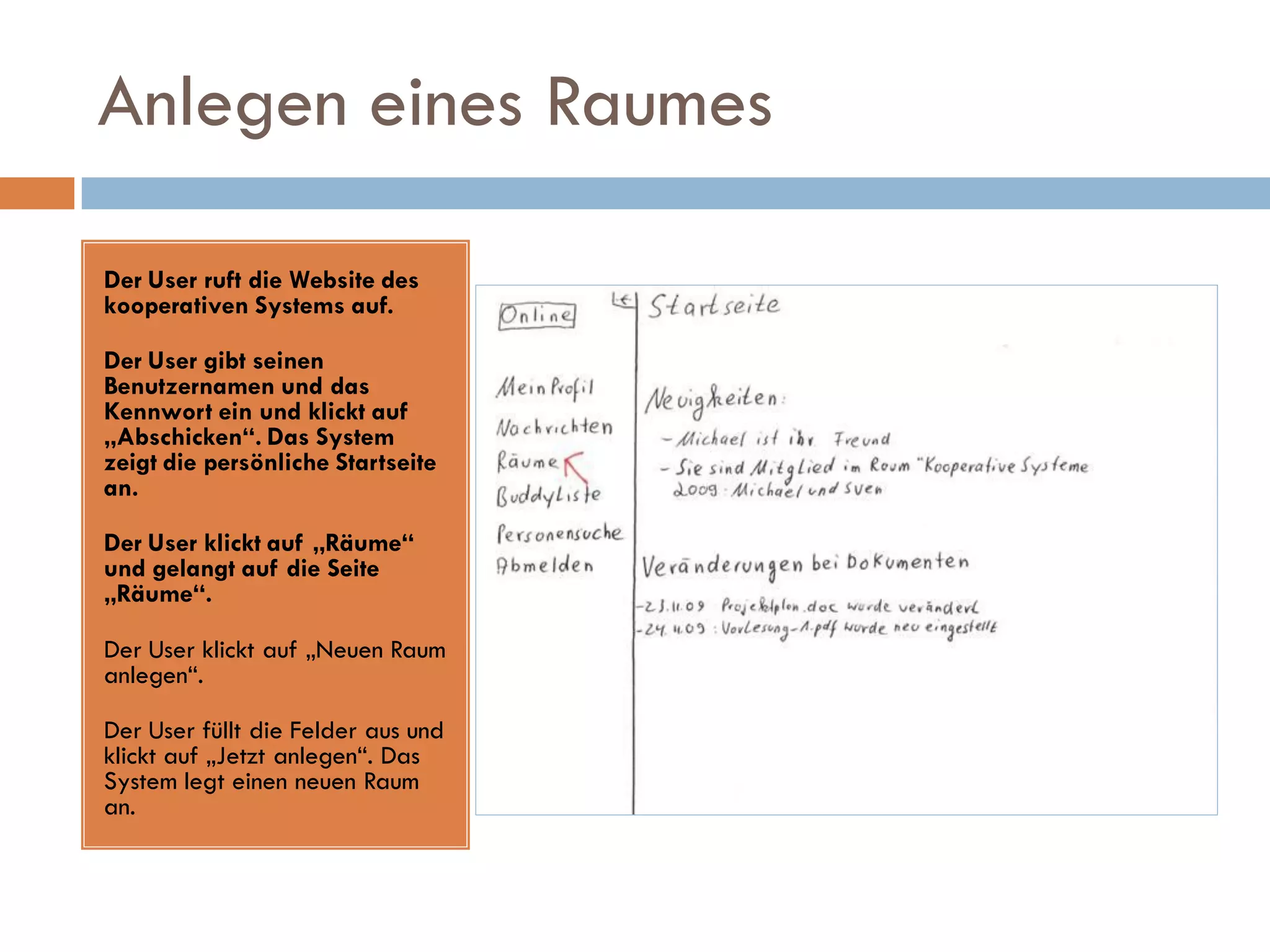 Anlegen eines Raumes

Der User ruft die Website des
kooperativen Systems auf.

Der User gibt seinen
Benutzernamen und das
Kennwort ein und klickt auf
„Abschicken“. Das System
zeigt die persönliche Startseite
an.

Der User klickt auf „Räume“
und gelangt auf die Seite
„Räume“.

Der User klickt auf „Neuen Raum
anlegen“.

Der User füllt die Felder aus und
klickt auf „Jetzt anlegen“. Das
System legt einen neuen Raum
an.
 