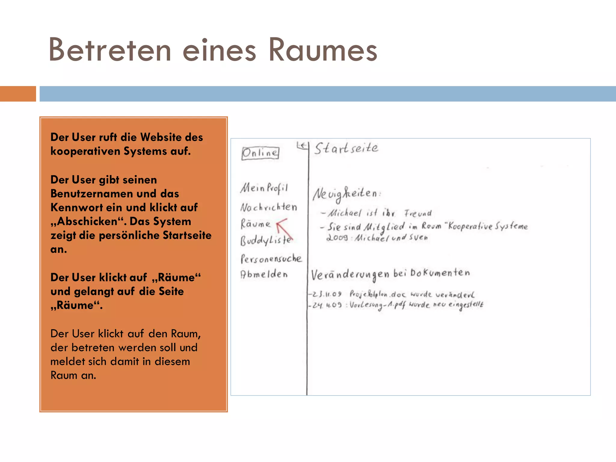Betreten eines Raumes

Der User ruft die Website des
kooperativen Systems auf.

Der User gibt seinen
Benutzernamen und das
Kennwort ein und klickt auf
„Abschicken“. Das System
zeigt die persönliche Startseite
an.

Der User klickt auf „Räume“
und gelangt auf die Seite
„Räume“.

Der User klickt auf den Raum,
der betreten werden soll und
meldet sich damit in diesem
Raum an.
 