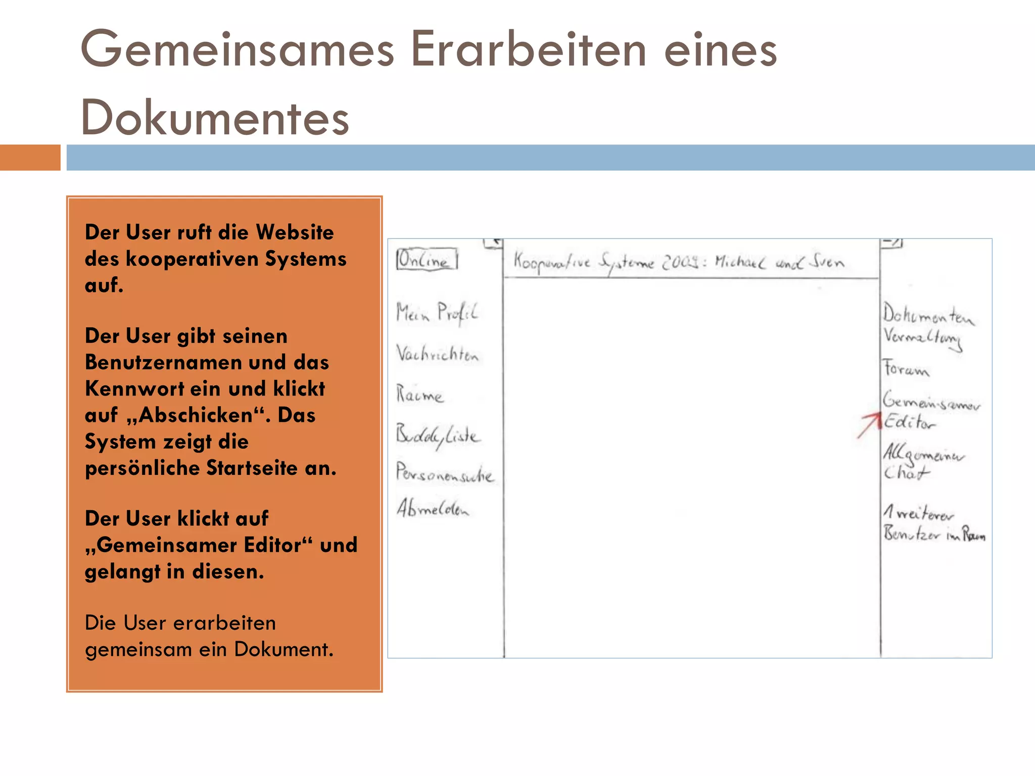 Gemeinsames Erarbeiten eines
Dokumentes
Der User ruft die Website
des kooperativen Systems
auf.

Der User gibt seinen
Benutzernamen und das
Kennwort ein und klickt
auf „Abschicken“. Das
System zeigt die
persönliche Startseite an.

Der User klickt auf
„Gemeinsamer Editor“ und
gelangt in diesen.

Die User erarbeiten
gemeinsam ein Dokument.
 