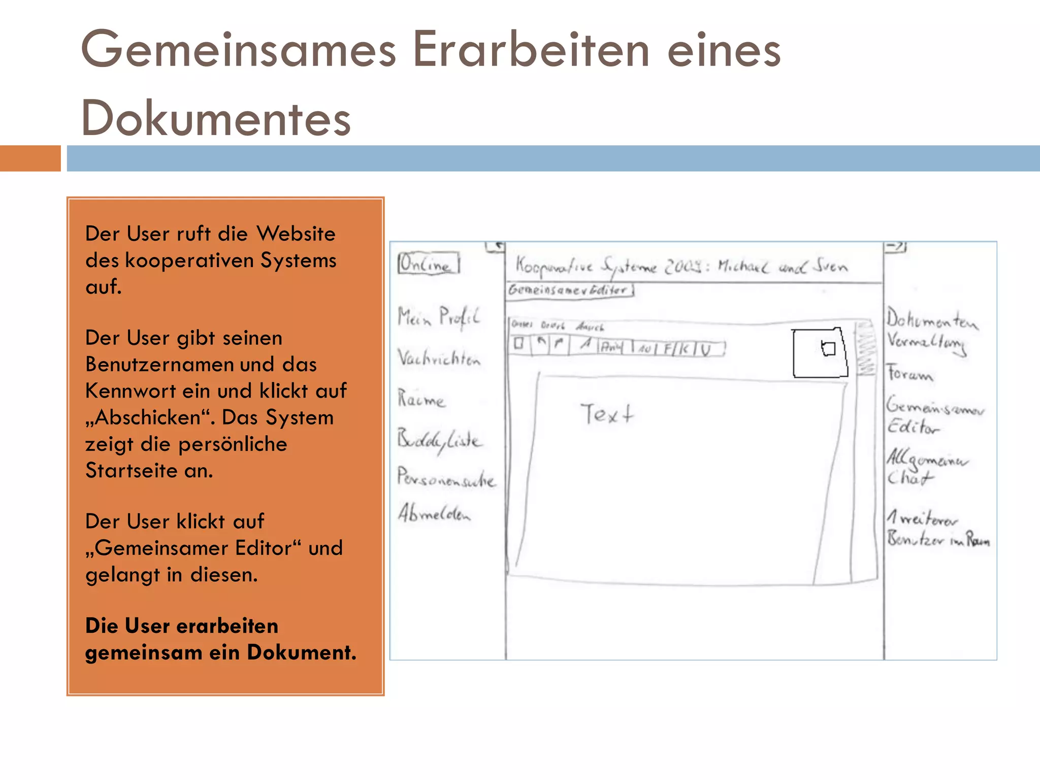 Gemeinsames Erarbeiten eines
Dokumentes
Der User ruft die Website
des kooperativen Systems
auf.

Der User gibt seinen
Benutzernamen und das
Kennwort ein und klickt auf
„Abschicken“. Das System
zeigt die persönliche
Startseite an.

Der User klickt auf
„Gemeinsamer Editor“ und
gelangt in diesen.

Die User erarbeiten
gemeinsam ein Dokument.
 
