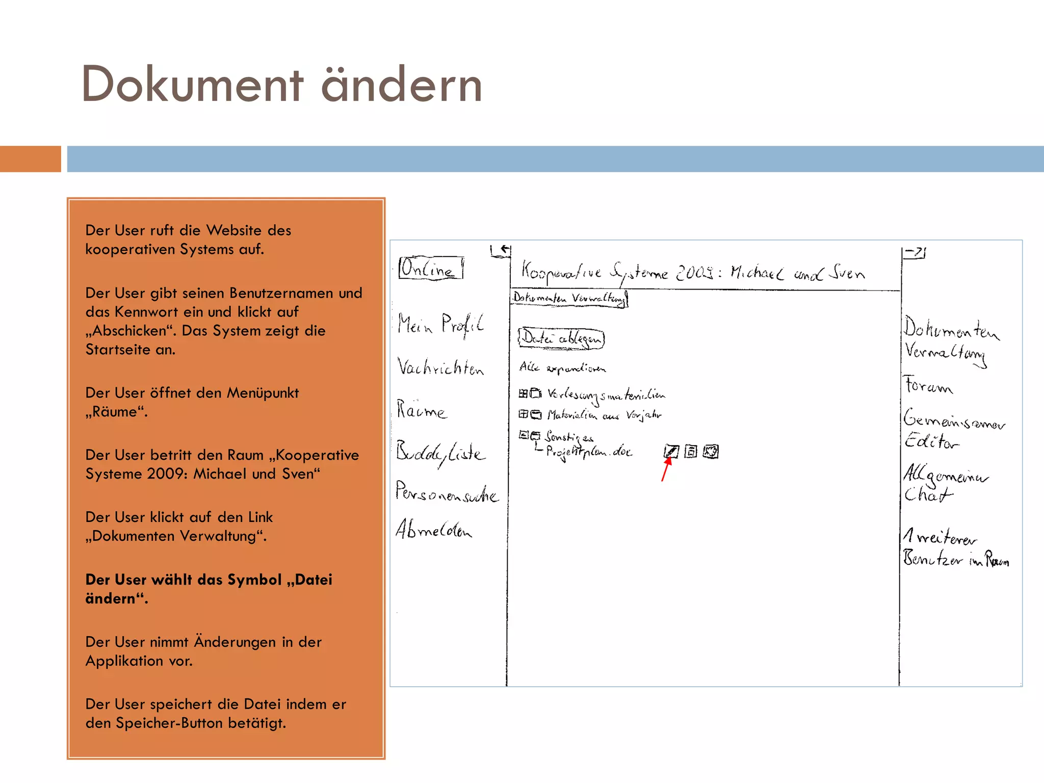 Dokument ändern

Der User ruft die Website des
kooperativen Systems auf.

Der User gibt seinen Benutzernamen und
das Kennwort ein und klickt auf
„Abschicken“. Das System zeigt die
Startseite an.

Der User öffnet den Menüpunkt
„Räume“.

Der User betritt den Raum „Kooperative
Systeme 2009: Michael und Sven“

Der User klickt auf den Link
„Dokumenten Verwaltung“.

Der User wählt das Symbol „Datei
ändern“.

Der User nimmt Änderungen in der
Applikation vor.

Der User speichert die Datei indem er
den Speicher-Button betätigt.
 