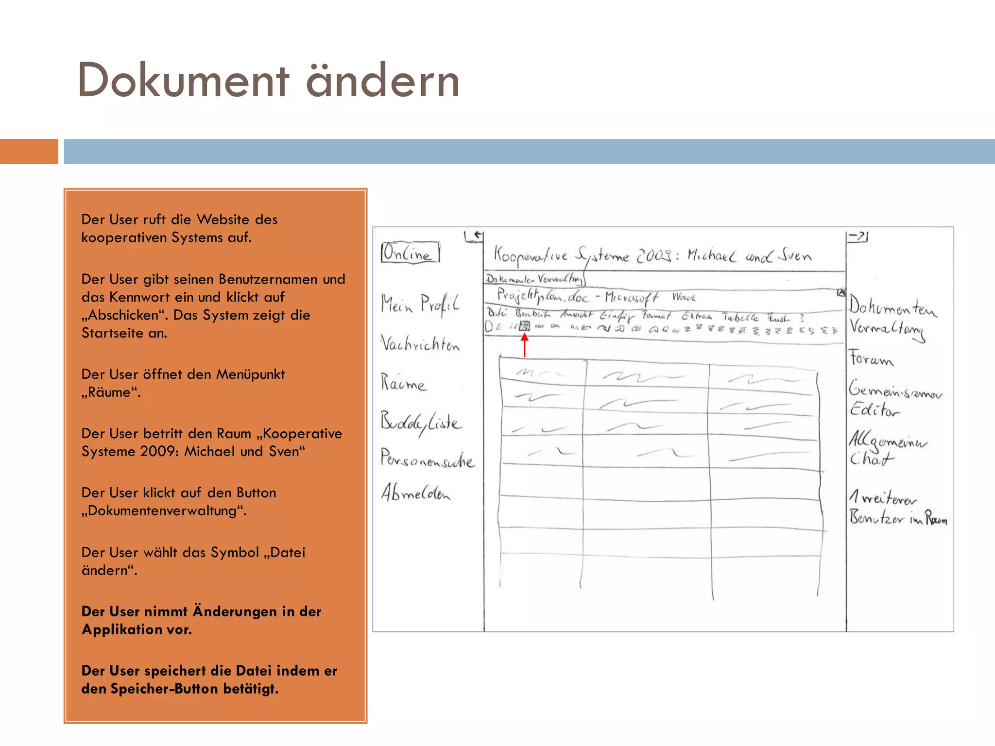 Dokument ändern

Der User ruft die Website des
kooperativen Systems auf.

Der User gibt seinen Benutzernamen und
das Kennwort ein und klickt auf
„Abschicken“. Das System zeigt die
Startseite an.

Der User öffnet den Menüpunkt
„Räume“.

Der User betritt den Raum „Kooperative
Systeme 2009: Michael und Sven“

Der User klickt auf den Button
„Dokumentenverwaltung“.

Der User wählt das Symbol „Datei
ändern“.

Der User nimmt Änderungen in der
Applikation vor.

Der User speichert die Datei indem er
den Speicher-Button betätigt.
 