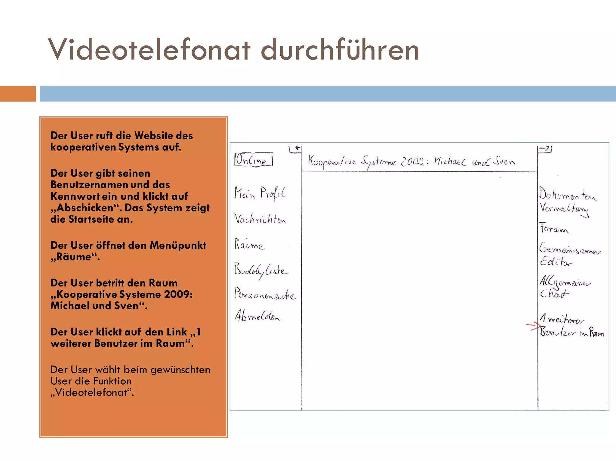 Videotelefonat durchführen

Der User ruft die Website des
kooperativen Systems auf.

Der User gibt seinen
Benutzernamen und das
Kennwort ein und klickt auf
„Abschicken“. Das System zeigt
die Startseite an.

Der User öffnet den Menüpunkt
„Räume“.

Der User betritt den Raum
„Kooperative Systeme 2009:
Michael und Sven“.

Der User klickt auf den Link „1
weiterer Benutzer im Raum“.

Der User wählt beim gewünschten
User die Funktion
„Videotelefonat“.
 