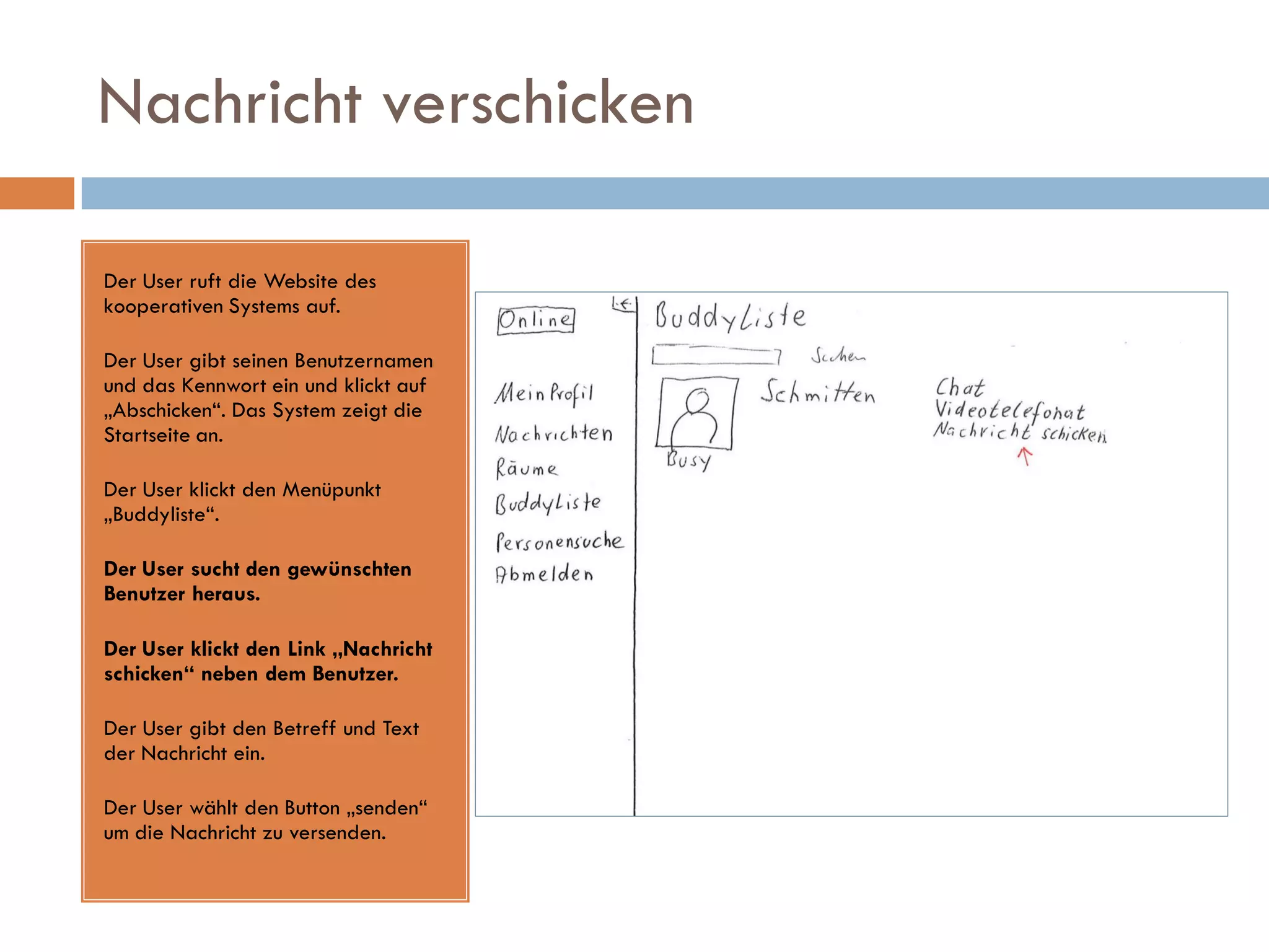 Nachricht verschicken

Der User ruft die Website des
kooperativen Systems auf.

Der User gibt seinen Benutzernamen
und das Kennwort ein und klickt auf
„Abschicken“. Das System zeigt die
Startseite an.

Der User klickt den Menüpunkt
„Buddyliste“.

Der User sucht den gewünschten
Benutzer heraus.

Der User klickt den Link „Nachricht
schicken“ neben dem Benutzer.

Der User gibt den Betreff und Text
der Nachricht ein.

Der User wählt den Button „senden“
um die Nachricht zu versenden.
 