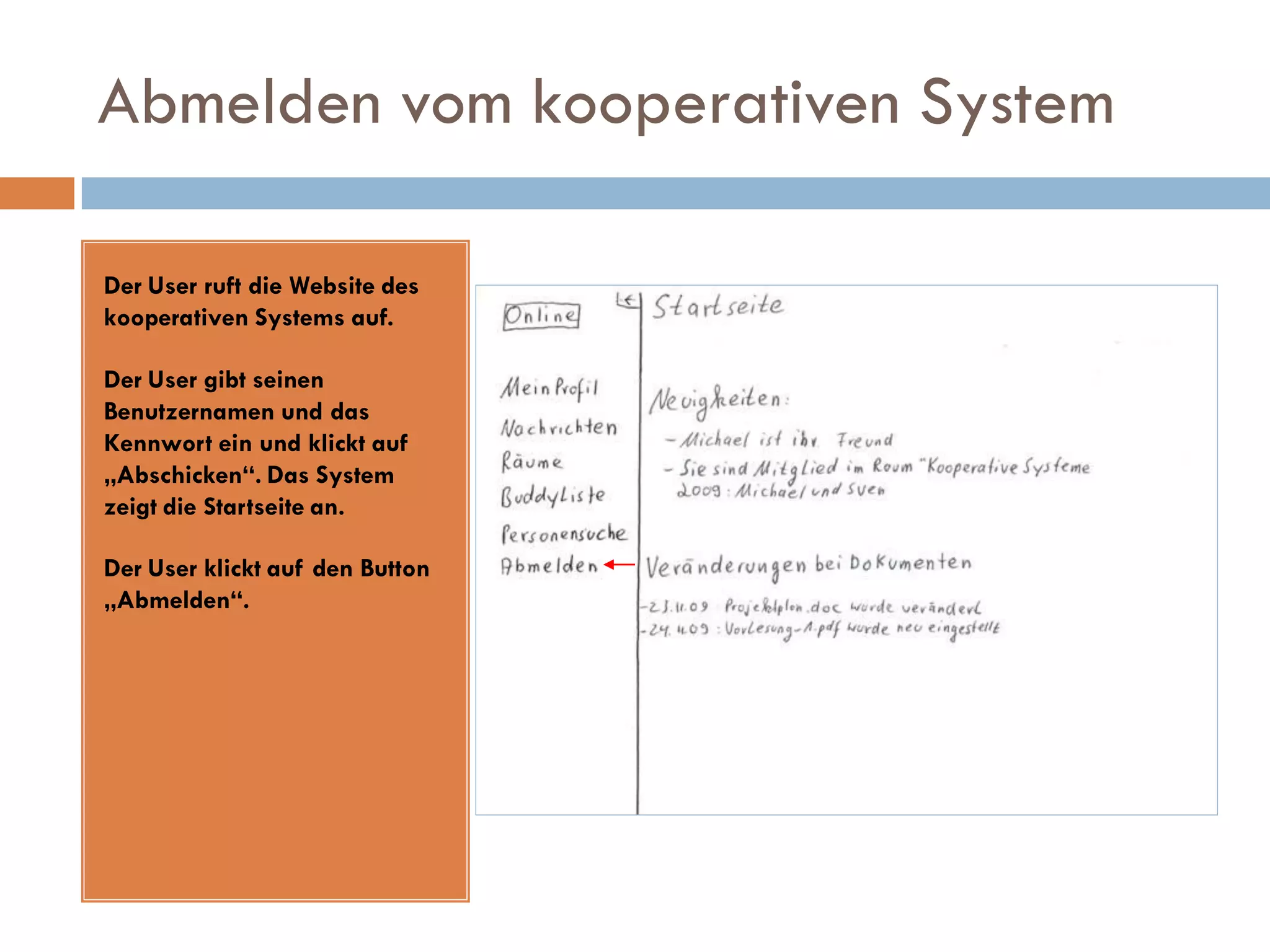 Abmelden vom kooperativen System

Der User ruft die Website des
kooperativen Systems auf.

Der User gibt seinen
Benutzernamen und das
Kennwort ein und klickt auf
„Abschicken“. Das System
zeigt die Startseite an.

Der User klickt auf den Button
„Abmelden“.
 