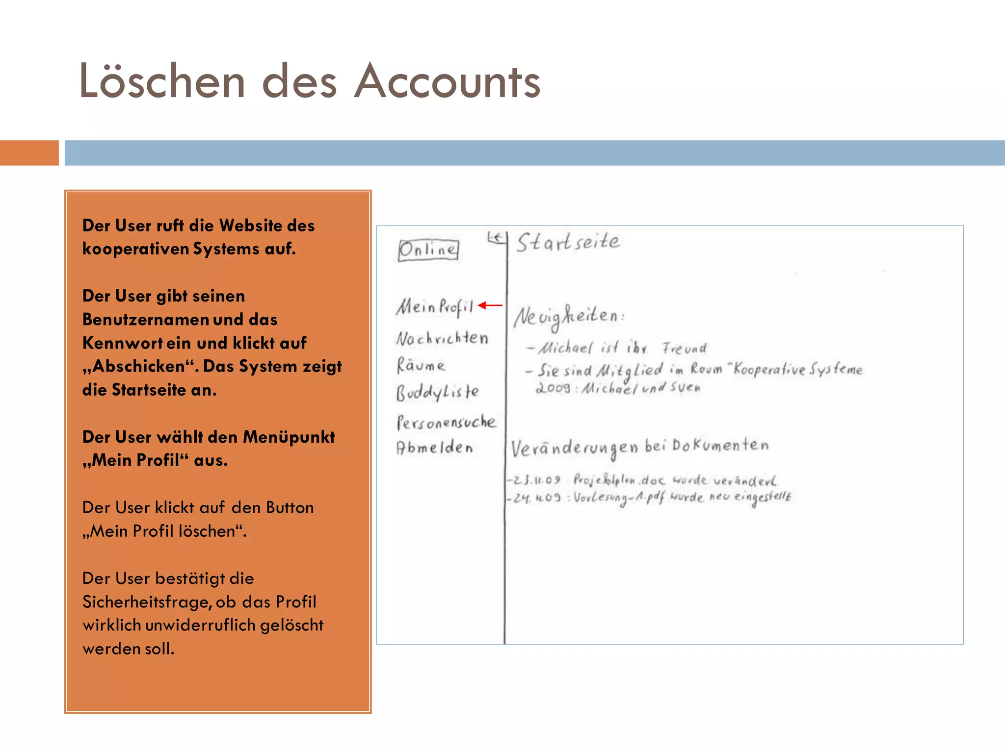 Löschen des Accounts

Der User ruft die Website des
kooperativen Systems auf.

Der User gibt seinen
Benutzernamen und das
Kennwort ein und klickt auf
„Abschicken“. Das System zeigt
die Startseite an.

Der User wählt den Menüpunkt
„Mein Profil“ aus.

Der User klickt auf den Button
„Mein Profil löschen“.

Der User bestätigt die
Sicherheitsfrage, ob das Profil
wirklich unwiderruflich gelöscht
werden soll.
 