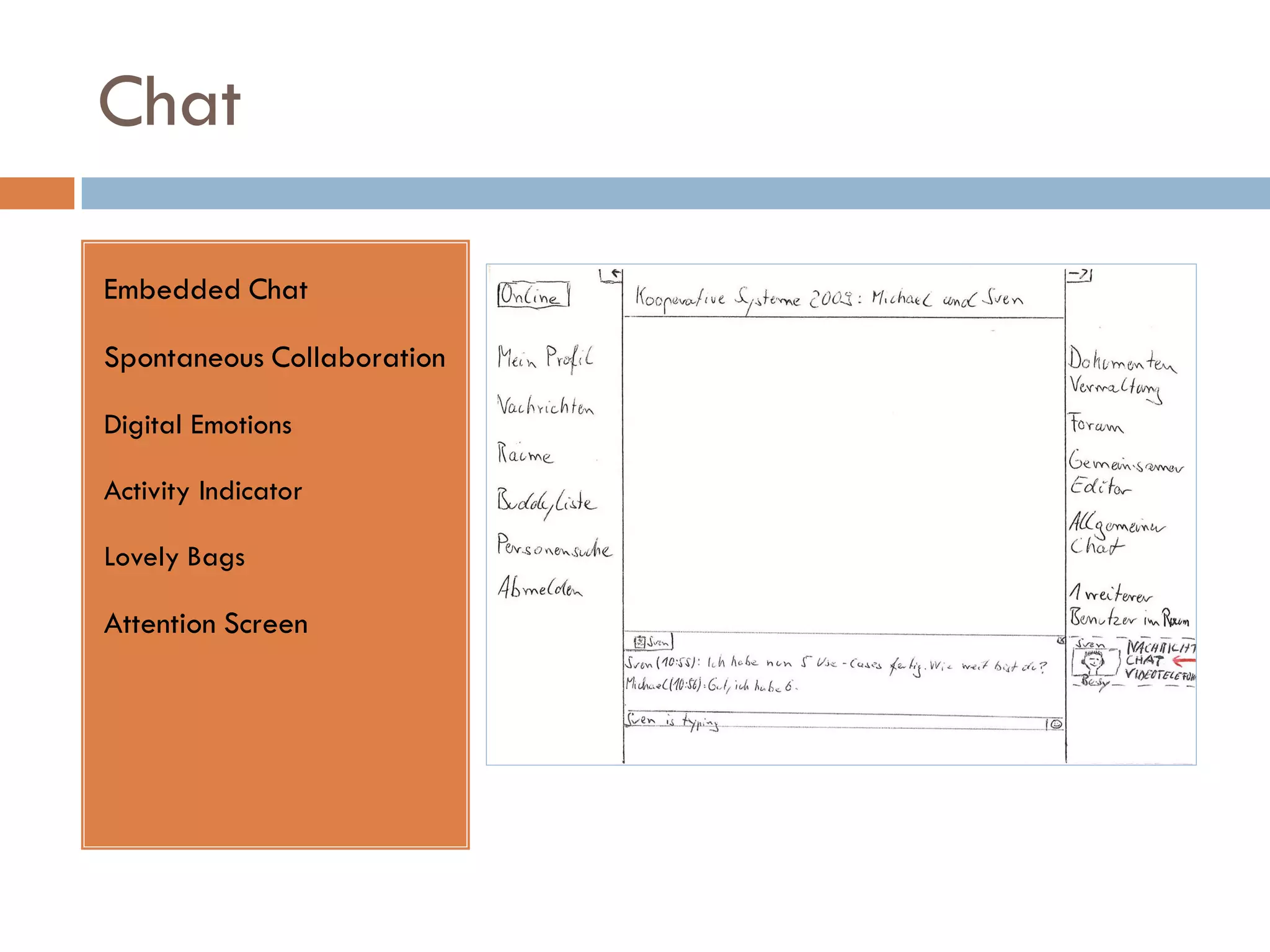 Chat

Embedded Chat

Spontaneous Collaboration

Digital Emotions

Activity Indicator

Lovely Bags

Attention Screen
 