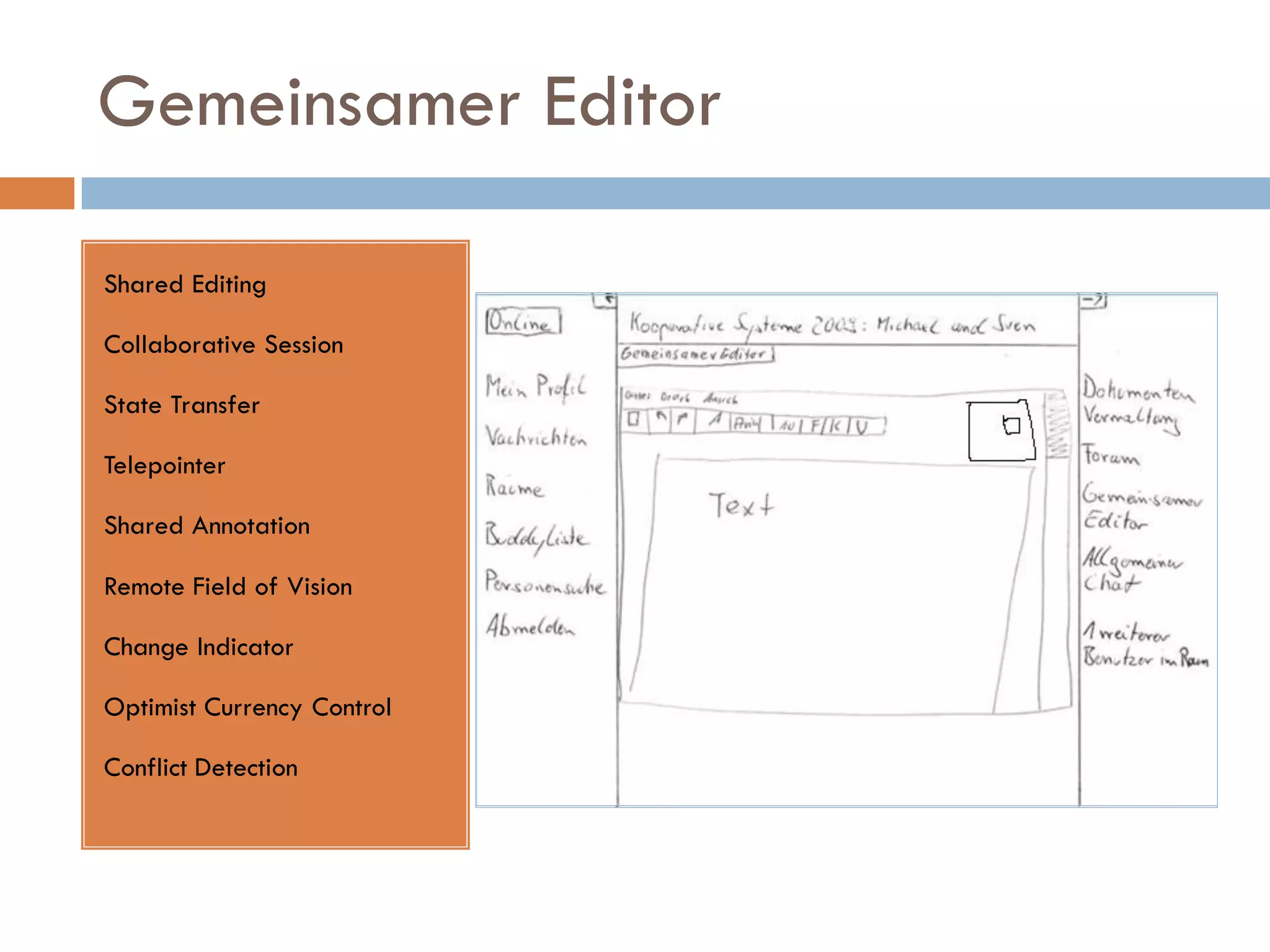 Gemeinsamer Editor

Shared Editing

Collaborative Session

State Transfer

Telepointer

Shared Annotation

Remote Field of Vision

Change Indicator

Optimist Currency Control

Conflict Detection
 