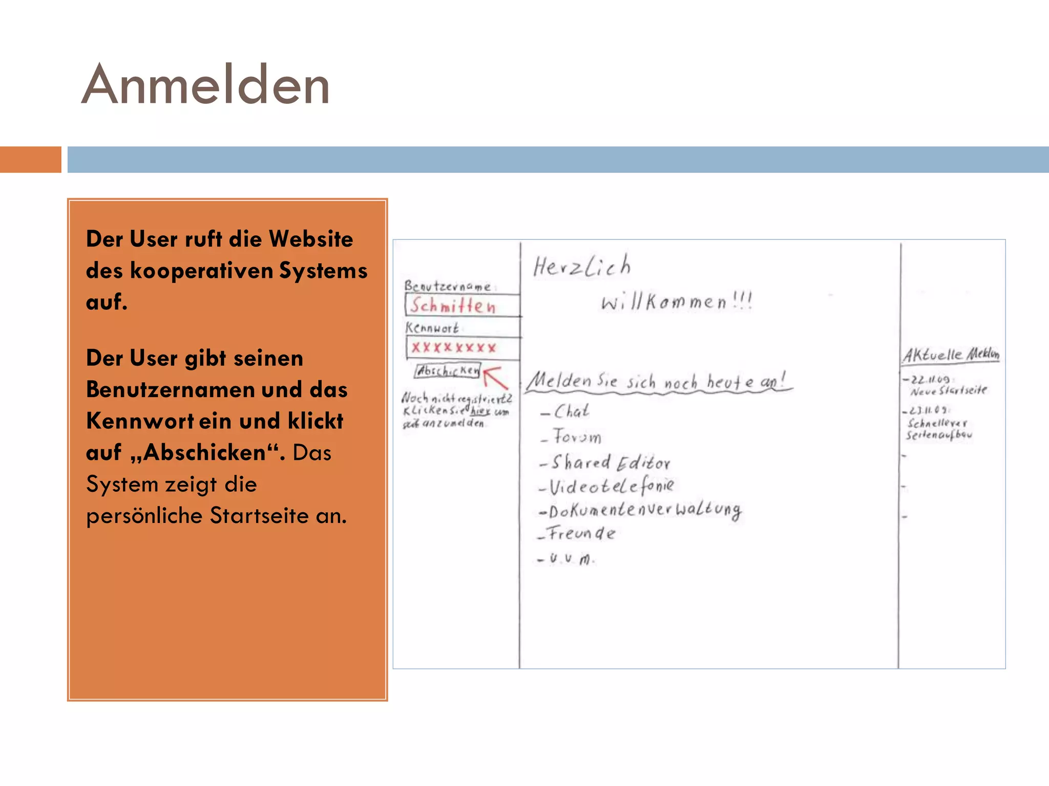 Anmelden

Der User ruft die Website
des kooperativen Systems
auf.

Der User gibt seinen
Benutzernamen und das
Kennwort ein und klickt
auf „Abschicken“. Das
System zeigt die
persönliche Startseite an.
 