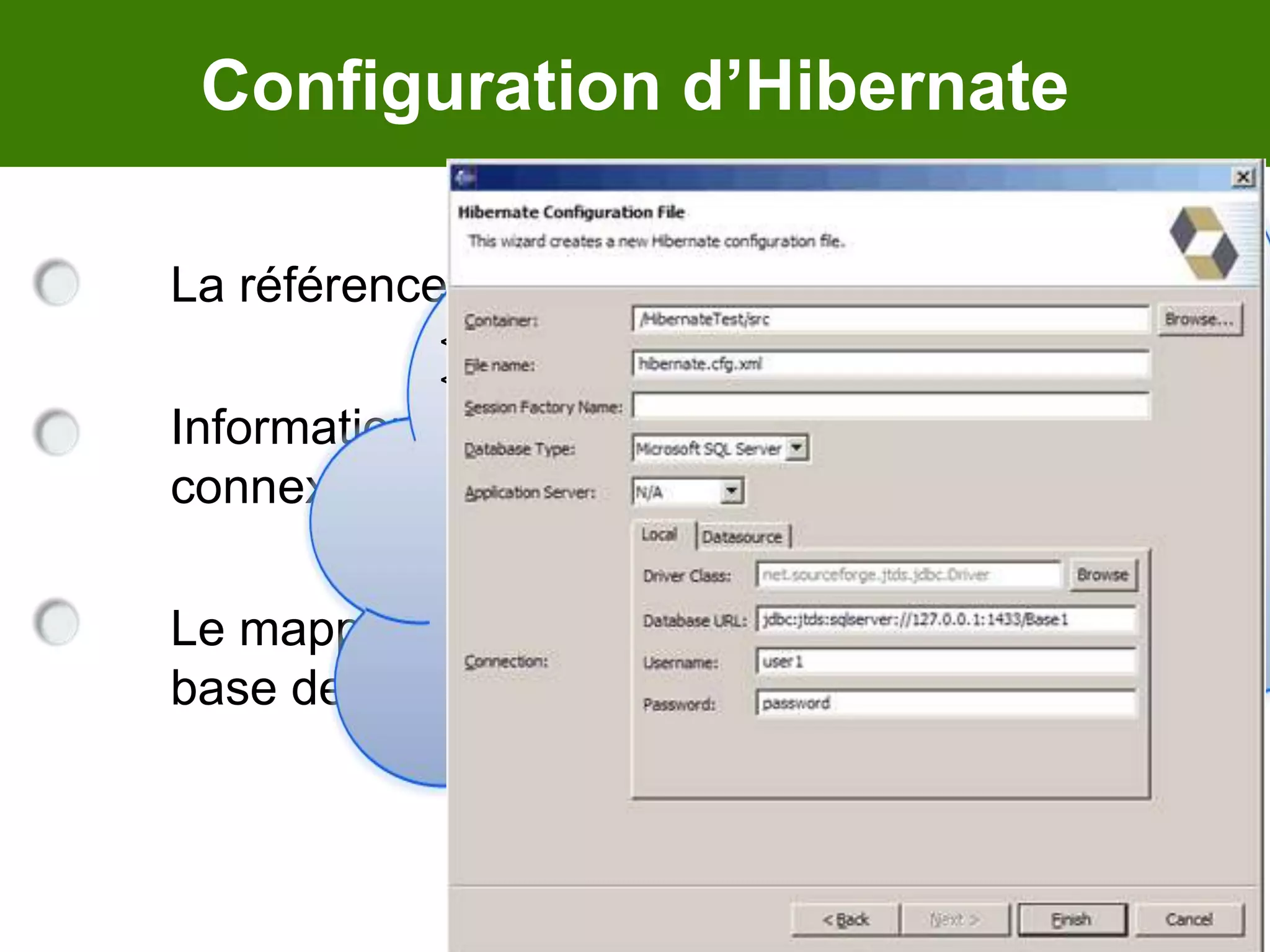10Configuration d’Hibernate<session-factory<propertyname="hibernate.dialect">org.hibernate.dialect.PostgreSQLDialect</property><property name="hibernate.connection.driver_class">org.postgresql.Driver</property><propertyname="hibernate.connection.url">jdbc:postgresql://localhost/e-commerce</property>    <property name="hibernate.connection.username">postgres</property>    <property name="hibernate.connection.password">administrateur</property>…	La référence du SGBD utilisée	Informations de connexion (Driver JDBC, url de connexion, login, mot de passe)	Le mapping entre le modèle de classes et la base de données