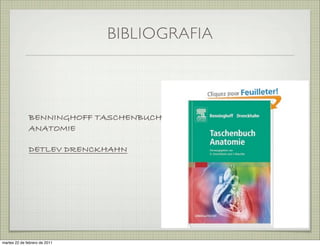 BIBLIOGRAFIA




              BENNINGHOFF TASCHENBUCH
              ANATOMIE

              DETLEV DRENCKHAHN




martes 20 de septiembre de 2011
 