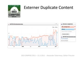 Externer	
  Duplicate	
  Content	
  




SEO	
  CAMPIXX	
  2011	
  –	
  13.3.2011	
  	
  -­‐	
  Alexander	
  Ostermeyr,	
  Stefan	
  Preusler	
  
 