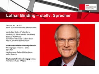 Lothar Binding – stellv. Sprecher

Geboren am 1.4.1950
Beruf: Starkstromelektriker, Mathematiker

Landesliste Baden-Württemberg
zuständig für den Wahlkreis Heidelberg
Betreute Wahlkreise:
Mannheim, Odenwald-Tauber, Rhein-
Neckar, Bruchsal-Schwetzingen

Funktionen in der Bundestagsfraktion:
Arbeitsgruppe Finanzen – stellv.
Sprecher
Landesgruppe Baden-Württemberg –
stellv. Sprecher

Mitgliedschaft in Bundestagsgremien:
Finanzausschuss – Mitglied
 