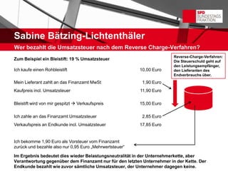 Sabine Bätzing-Lichtenthäler
Wer bezahlt die Umsatzsteuer nach dem Reverse Charge-Verfahren?
                                                                        Reverse-Charge-Verfahren:
Zum Beispiel ein Bleistift: 19 % Umsatzsteuer                           Die Steuerschuld geht auf
                                                                        den Leistungsempfänger,
Ich kaufe einen Rohbleistift                             10,00 Euro     den Lieferanten des
                                                                        Endverbrauchs über.
Mein Lieferant zahlt an das Finanzamt MwSt                1,90 Euro
Kaufpreis incl. Umsatzsteuer                             11,90 Euro

Bleistift wird von mir gespitzt  Verkaufspreis          15,00 Euro

Ich zahle an das Finanzamt Umsatzsteuer                   2,85 Euro
Verkaufspreis an Endkunde incl. Umsatzsteuer             17,85 Euro


Ich bekomme 1,90 Euro als Vorsteuer vom Finanzamt
zurück und bezahle also nur 0,95 Euro „Mehrwertsteuer“

Im Ergebnis bedeutet dies wieder Belastungsneutralität in der Unternehmerkette, aber
Verantwortung gegenüber dem Finanzamt nur für den letzten Unternehmer in der Kette. Der
Endkunde bezahlt wie zuvor sämtliche Umsatzsteuer, der Unternehmer dagegen keine.
 