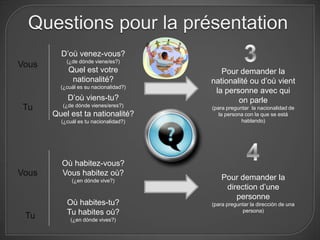 Questions pour la présentation
         D’où venez-vous?
           (¿de dónde viene/es?)
Vous
            Quel est votre                Pour demander la
             nationalité?              nationalité ou d’où vient
         (¿cuál es su nacionalidad?)
                                        la personne avec qui
           D’où viens-tu?                      on parle
          (¿de dónde vienes/eres?)
Tu                                     (para preguntar la nacionalidad de
       Quel est ta nationalité?           la persona con la que se está
         (¿cuál es tu nacionalidad?)               hablando)




         Où habitez-vous?
Vous     Vous habitez où?
                                           Pour demander la
             (¿en dónde vive?)
                                            direction d’une
                                               personne
           Où habites-tu?              (para preguntar la dirección de una
           Tu habites où?                          persona)
 Tu          (¿en dónde vives?)
 