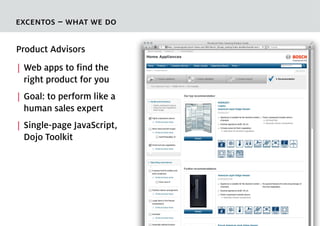excentos – what we do

Product Advisors
| Web apps to find the
  right product for you
| Goal: to perform like a
  human s...