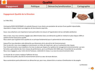 Le 3 Mai 2012,
L’entreprise RIVES DICOSTANZO a la volonté d’assurer à ses clients une prestation de service d’une qualité irréprochable,
répondant à chaque instant aux exigences de leurs besoins exprimés.
Aussi, nous attachons une importance toute particulière à la mesure et l’appréciation de leur véritable satisfaction.
Dans ce but, nous nous sommes engagés avec détermination dans une démarche qualité en mettant en place depuis 1999 un
système formel d’assurance qualité.
Nous savons que la gestion de la qualité est un principe fondamental pour la pérennité de notre entreprise.
Aujourd’hui nous étendons cette démarche aux dimensions de la sécurité et de l’environnement:
Pour la sécurité, nous nous engageons à promouvoir un milieu de travail sain, axé sur la prévention des risques.
Pour l’environnement, nous travaillons à la mise en place par étapes d’un système de management environnemental, qui sera
formalisé, après atteinte des trois niveaux de performance, par la certification ISO 14001 pour l’ensemble de nos activités.
Nous nous engageons, pour notre site de Toulouse, à atteindre le niveau 1 au cours du second semestre 2012.
La réussite de ces actions implique l’adhésion de tous.
Les notions de qualité, sécurité et environnement seront au cœur de toute décision.
Nous soutiendrons particulièrement ces démarches qui, pour nous, doivent être un vecteur d’amélioration et de progrès
La Direction
Engagement Qualité de la Direction
19
Qualité
Engagement CartographieDémarche/améliorationPolitique
 